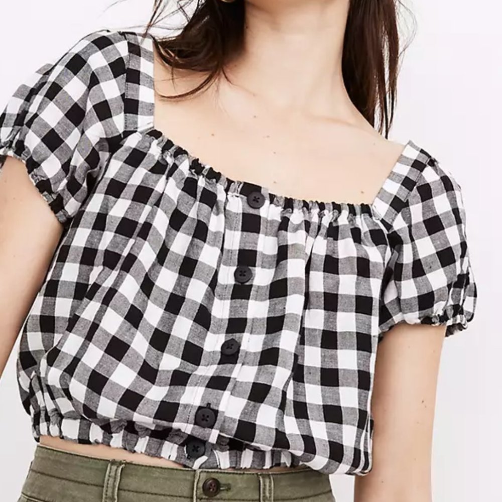 Madewell Linen Blend Puff Sleeve Button Front Crop Top in Gingham Check - Picture 4 of 8